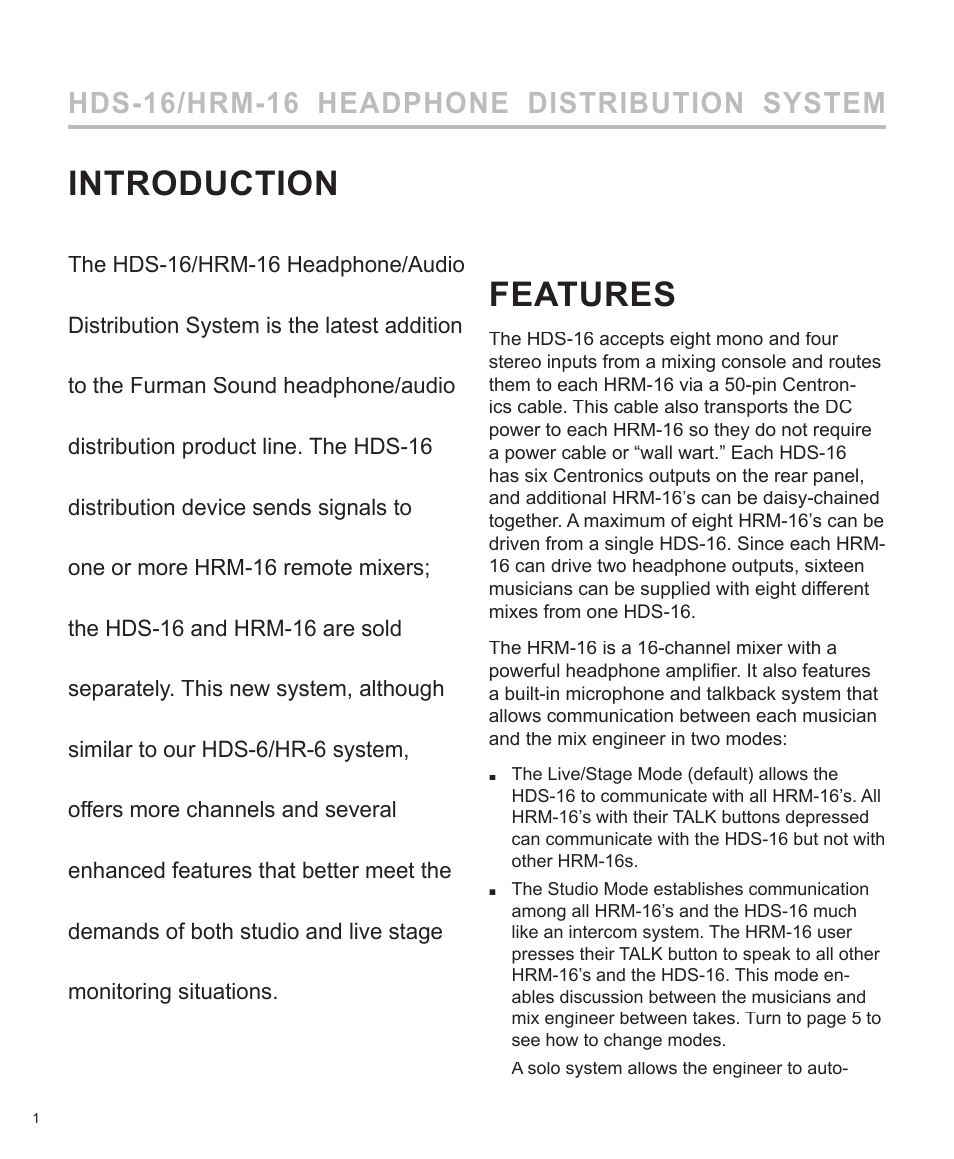 Introduction, Features, Hds-16/hrm-16 headphone distribution system | Furman Sound HDS-16 User Manual | Page 2 / 12