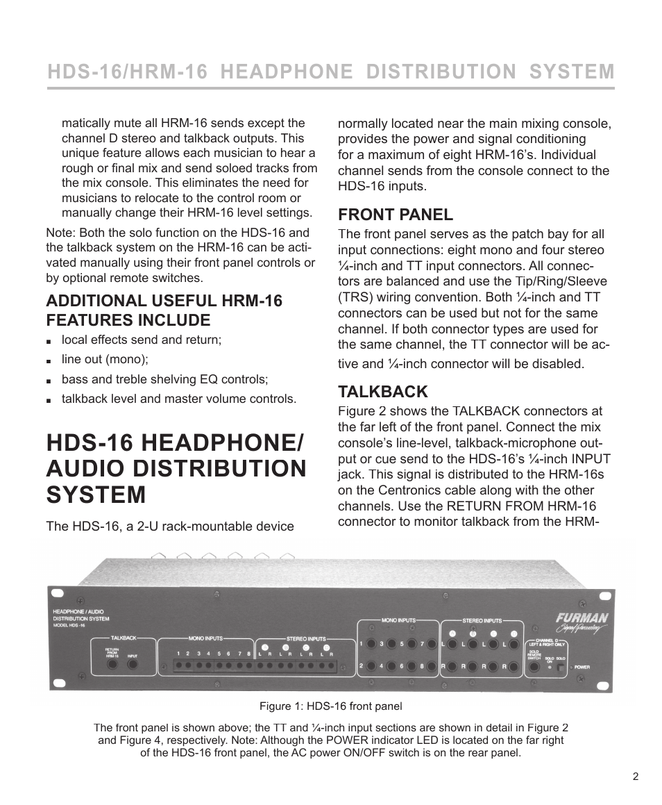 Hds-16 headphone/ audio distribution system, Hds-16/hrm-16 headphone distribution system, Additional useful hrm-16 features include | Front panel, Talkback | Furman Sound HDS-16 User Manual | Page 3 / 12