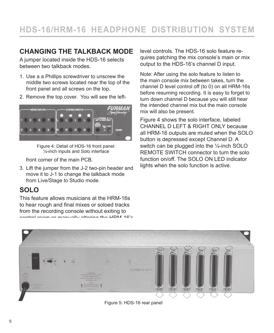 Hds-16/hrm-16 headphone distribution system, Changing the talkback mode, Solo | Furman Sound HDS-16 User Manual | Page 6 / 12