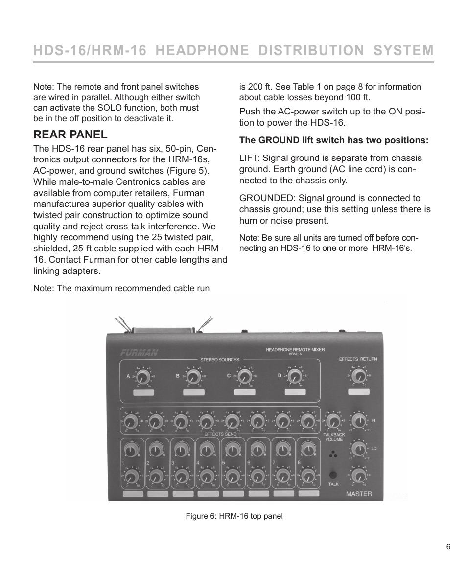 Hds-16/hrm-16 headphone distribution system, Rear panel | Furman Sound HDS-16 User Manual | Page 7 / 12