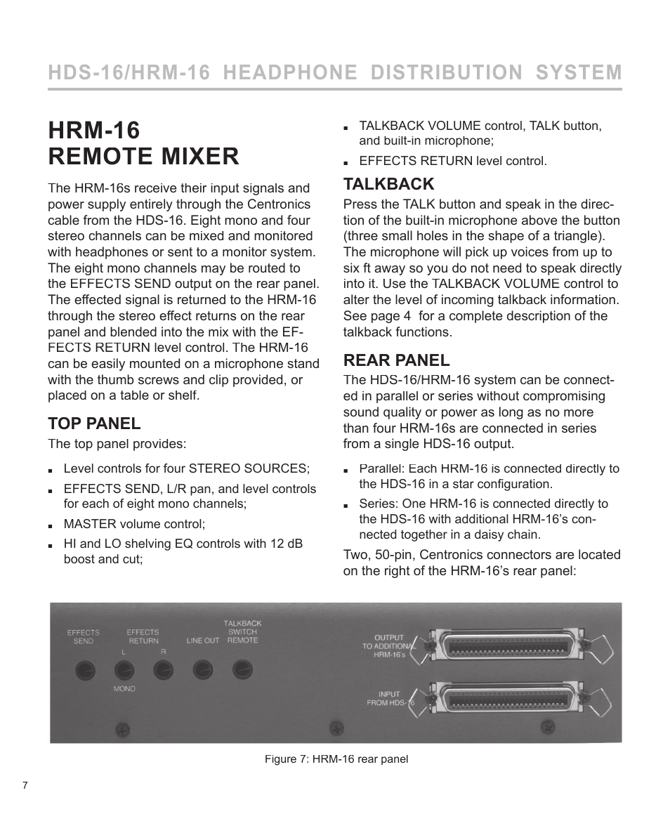 Hrm-16 remote mixer, Hds-16/hrm-16 headphone distribution system, Top panel | Talkback, Rear panel | Furman Sound HDS-16 User Manual | Page 8 / 12