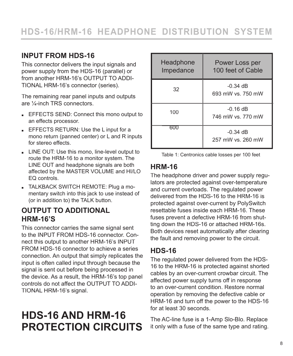 Hds-16 and hrm-16 pro tec tion cir cuits, Hds-16/hrm-16 headphone distribution system, Input from hds-16 | Output to additional hrm-16’s, Hrm-16, Hds-16 | Furman Sound HDS-16 User Manual | Page 9 / 12