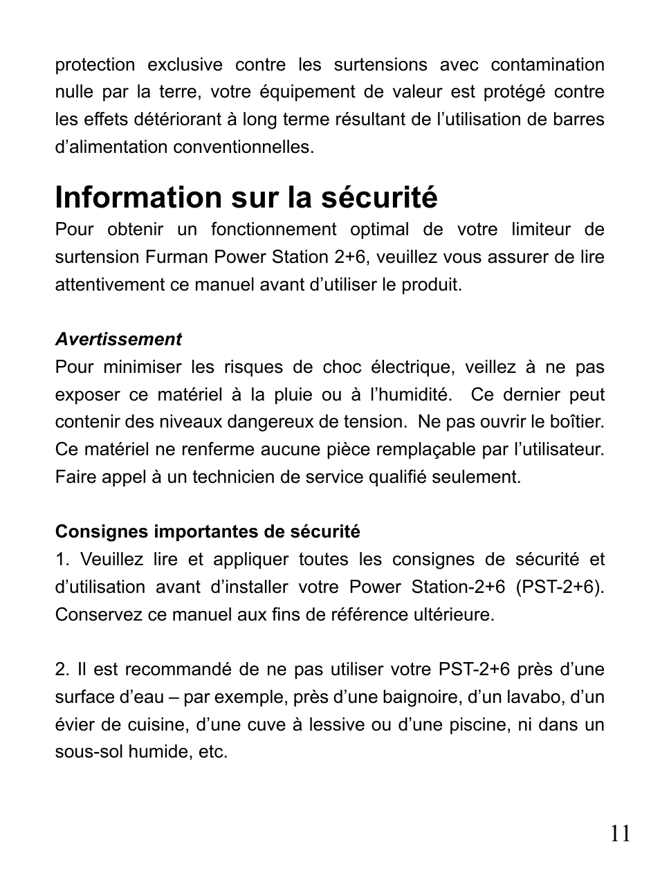 Information sur la sécurité | Furman Sound 2+6 User Manual | Page 11 / 28