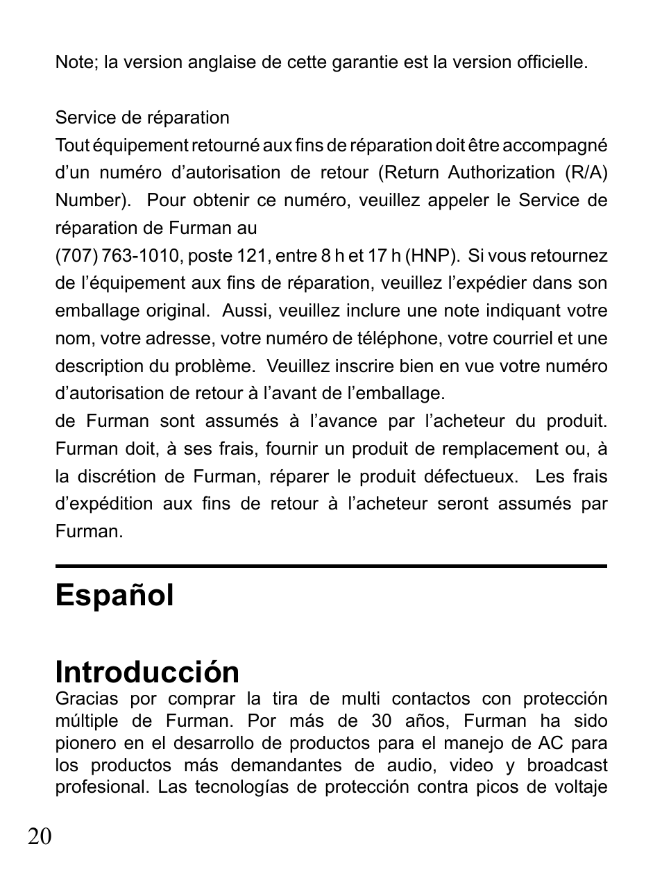 Español introducción | Furman Sound 2+6 User Manual | Page 20 / 28