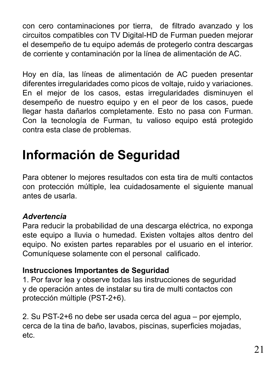 Información de seguridad | Furman Sound 2+6 User Manual | Page 21 / 28