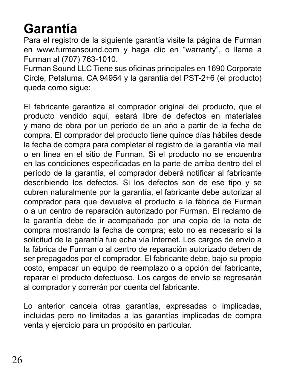 Garantía | Furman Sound 2+6 User Manual | Page 26 / 28