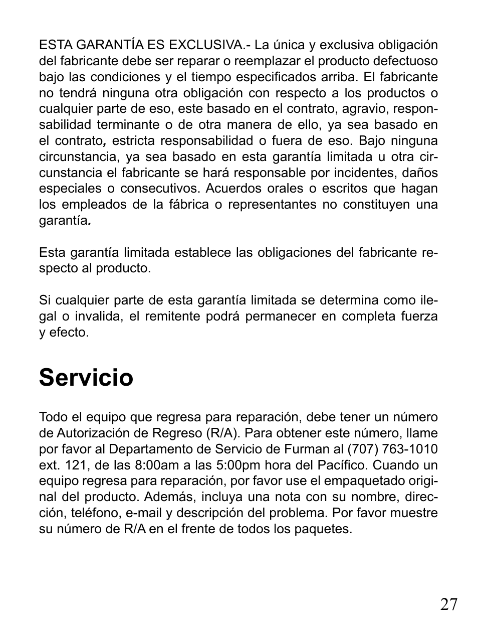 Servicio | Furman Sound 2+6 User Manual | Page 27 / 28