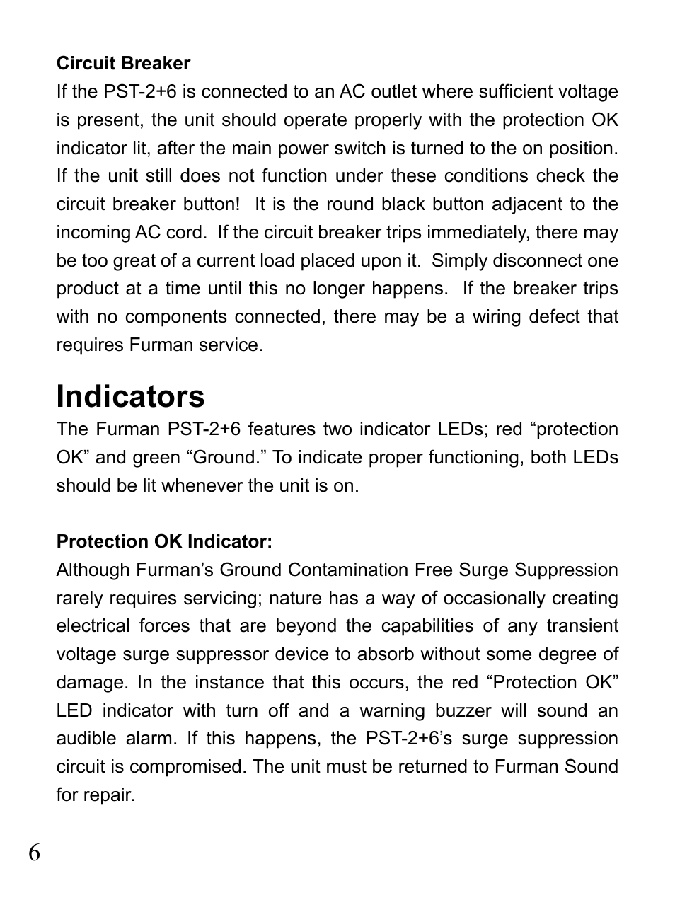 Indicators | Furman Sound 2+6 User Manual | Page 6 / 28