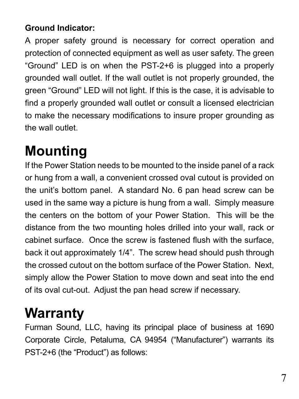 Mounting, Warranty | Furman Sound 2+6 User Manual | Page 7 / 28