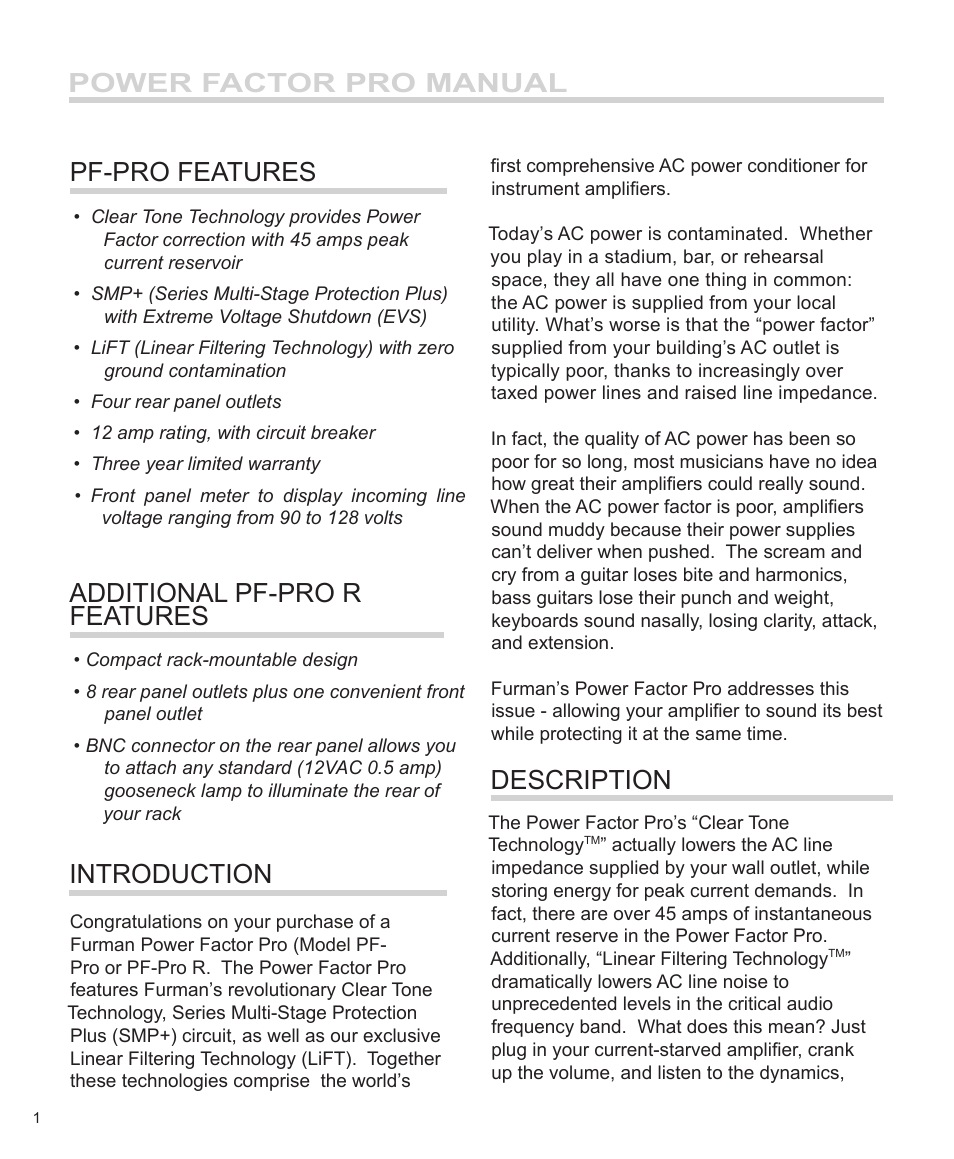 Power factor pro manual pf-pro features, Additional pf-pro r features, Introduction | Description | Furman Sound PF-Pro User Manual | Page 2 / 8