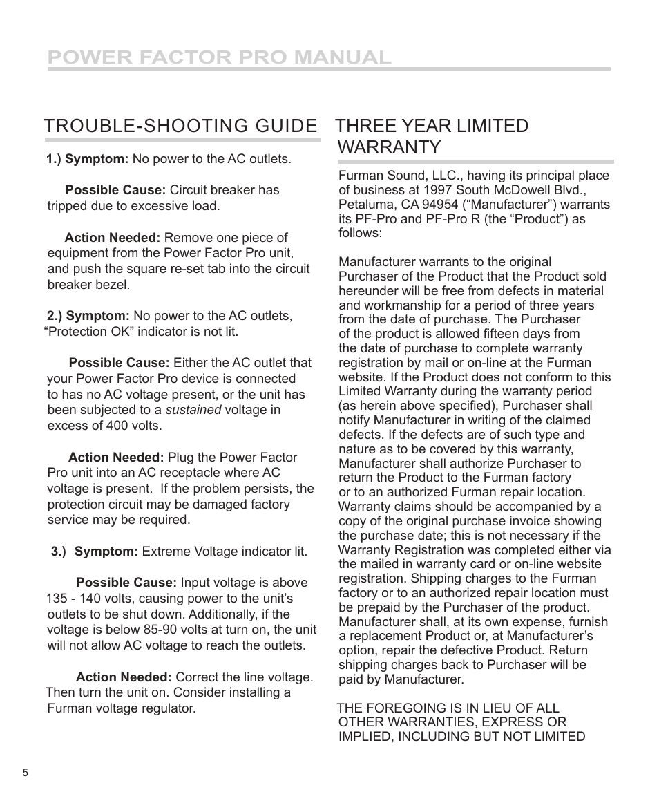 Three year limited warranty | Furman Sound PF-Pro User Manual | Page 6 / 8