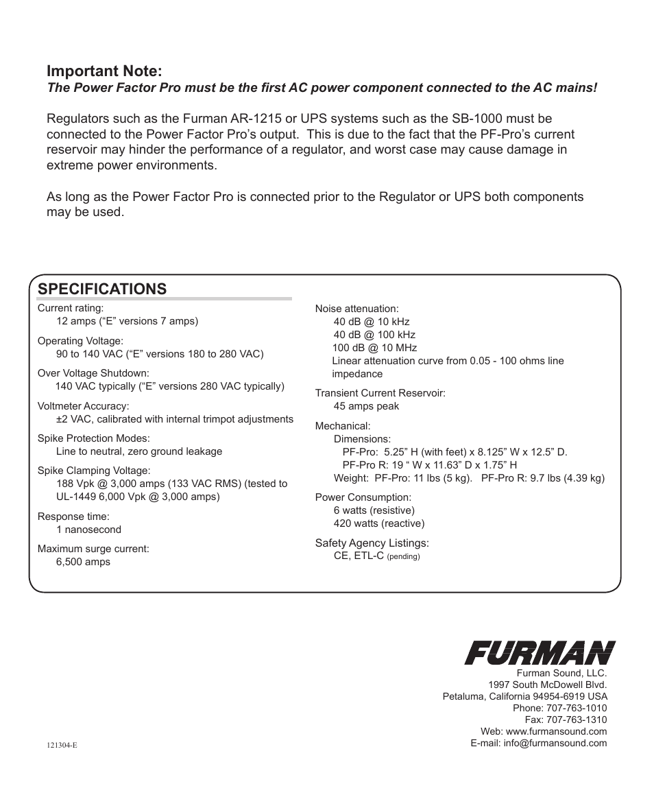 Power factor pro manual, Specifications | Furman Sound PF-Pro User Manual | Page 8 / 8