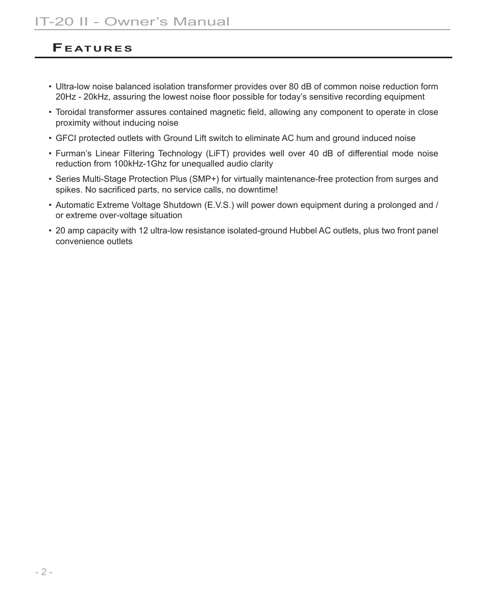 It-20 ii - owner’s manual | Furman Sound IT-20 II User Manual | Page 2 / 8