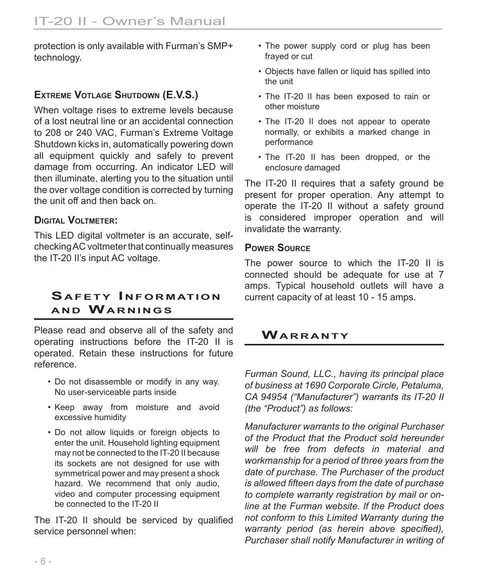 It-20 ii - owner’s manual | Furman Sound IT-20 II User Manual | Page 6 / 8