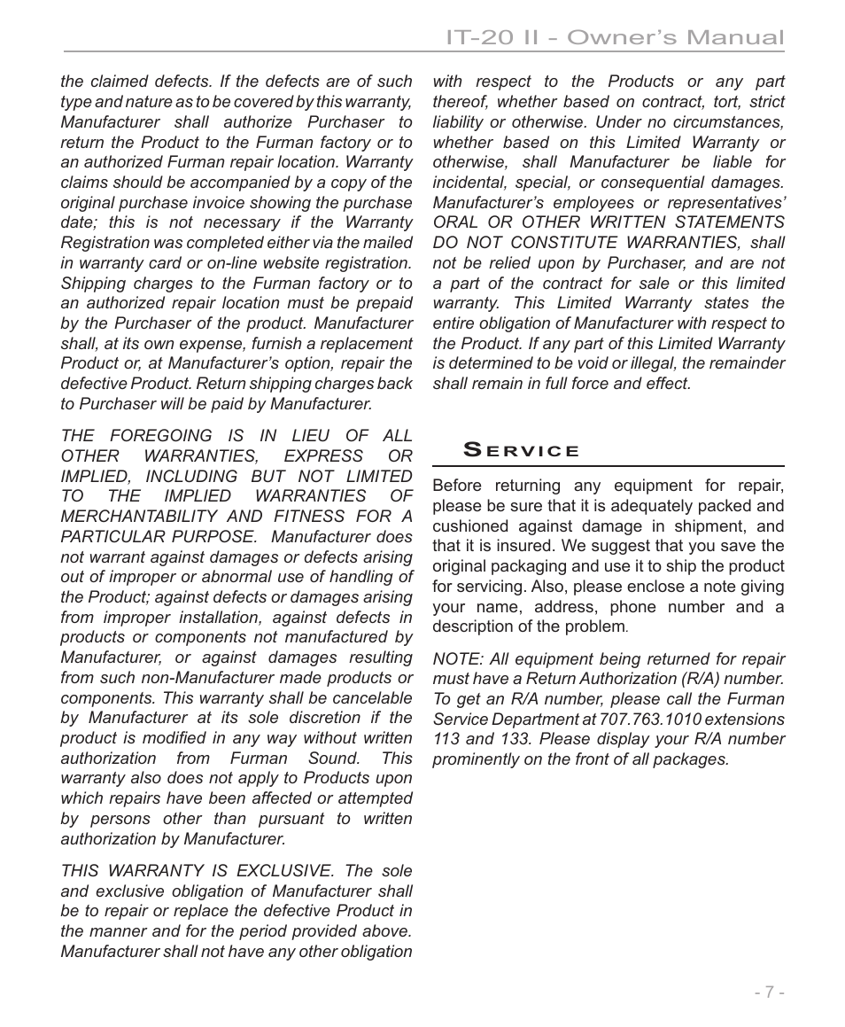 It-20 ii - owner’s manual | Furman Sound IT-20 II User Manual | Page 7 / 8