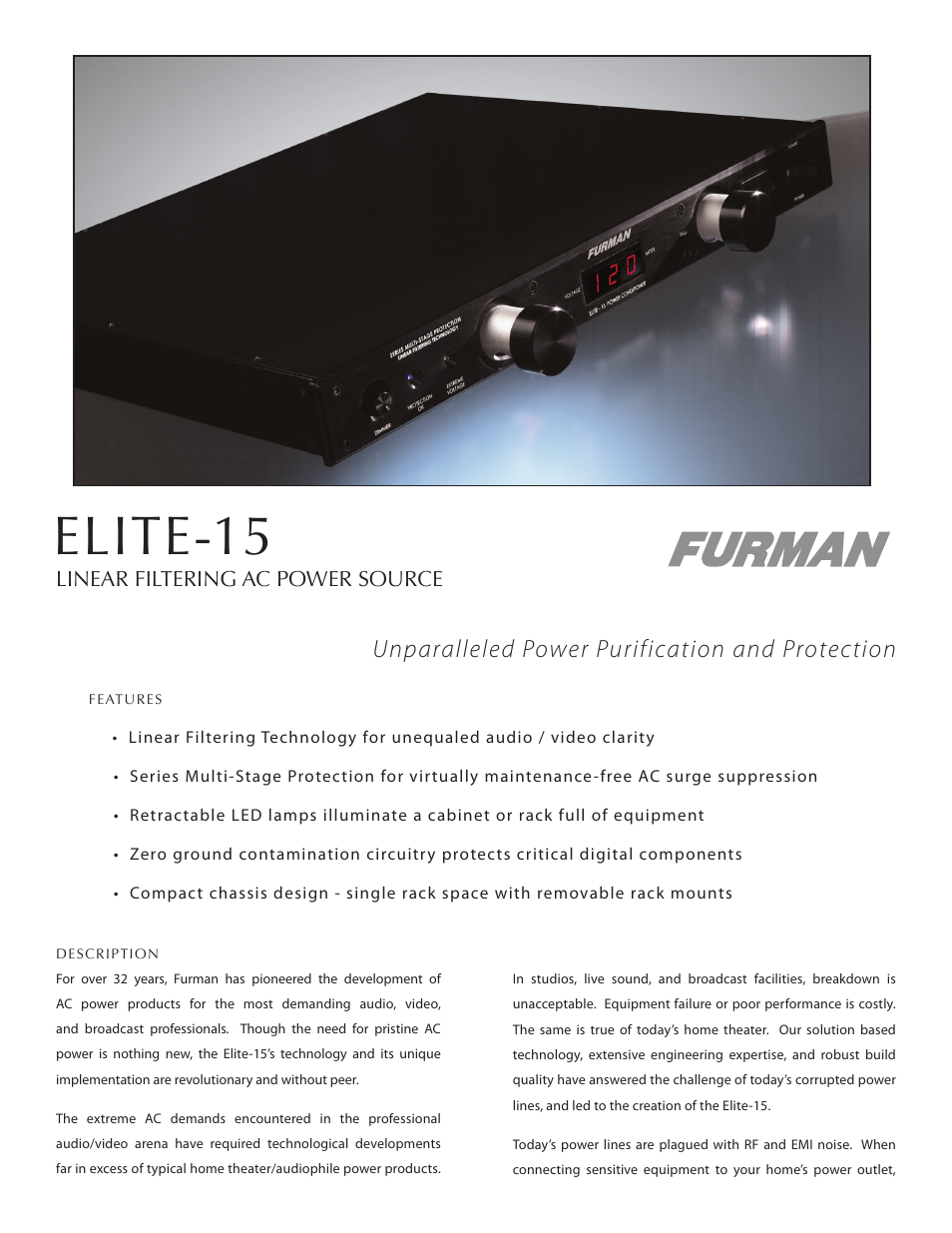 Furman Sound Linear Filtering AC Power Source Elite-15 User Manual | 2 pages
