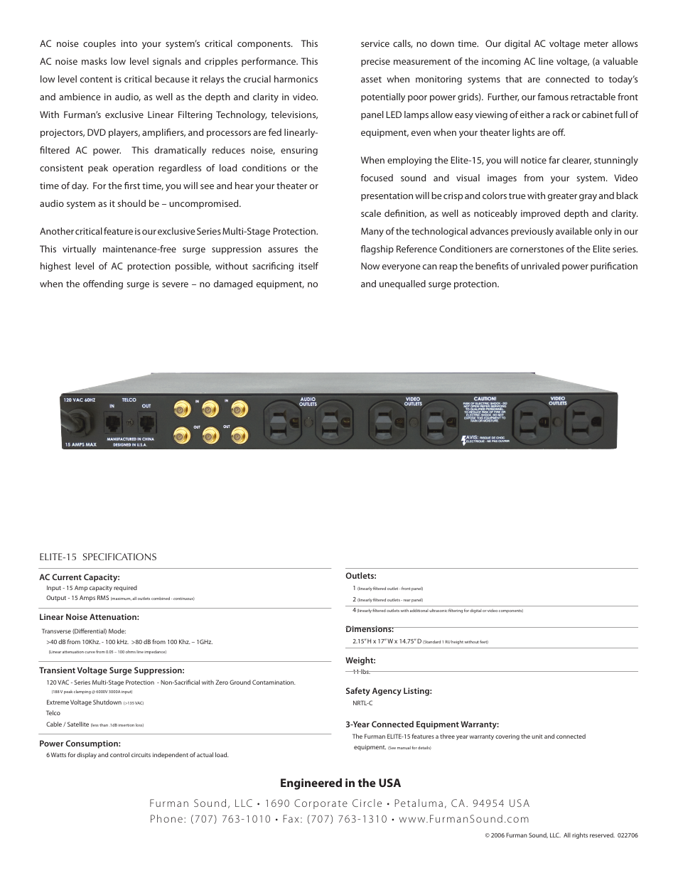 Engineered in the usa, Elite-15 specifications | Furman Sound Linear Filtering AC Power Source Elite-15 User Manual | Page 2 / 2