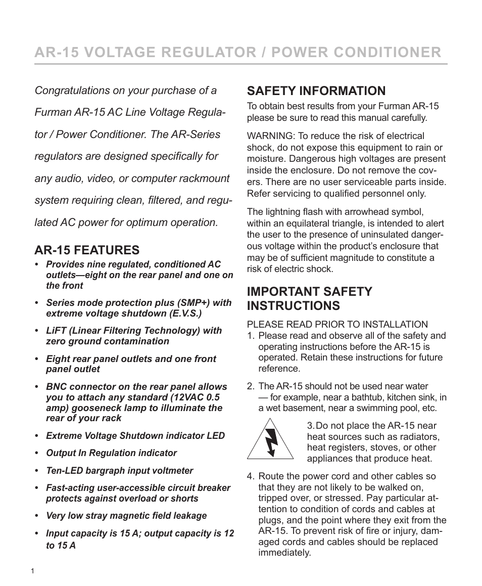 Ar-15 voltage regulator / power conditioner, Ar-15 features, Safety information | Important safety instructions | Furman Sound AC LINE VOLTAGE REGULATOR AR-15 User Manual | Page 2 / 8
