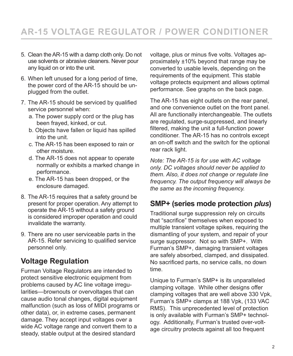 Ar-15 voltage regulator / power conditioner, Voltage regulation, Smp+ (series mode protection plus ) | Furman Sound AC LINE VOLTAGE REGULATOR AR-15 User Manual | Page 3 / 8