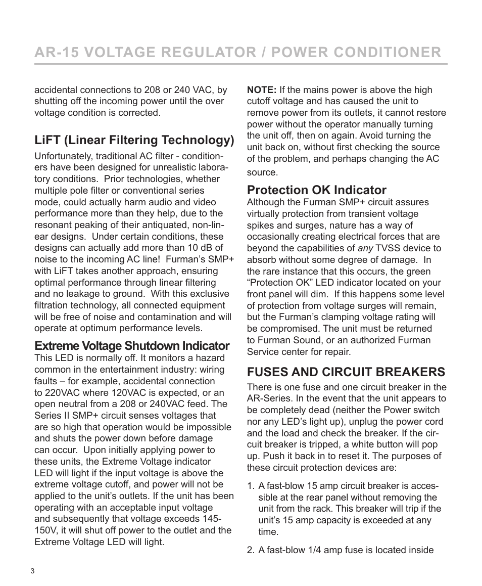 Ar-15 voltage regulator / power conditioner, Lift (linear filtering technology), Extreme voltage shutdown indicator | Protection ok indicator, Fuses and circuit breakers | Furman Sound AC LINE VOLTAGE REGULATOR AR-15 User Manual | Page 4 / 8