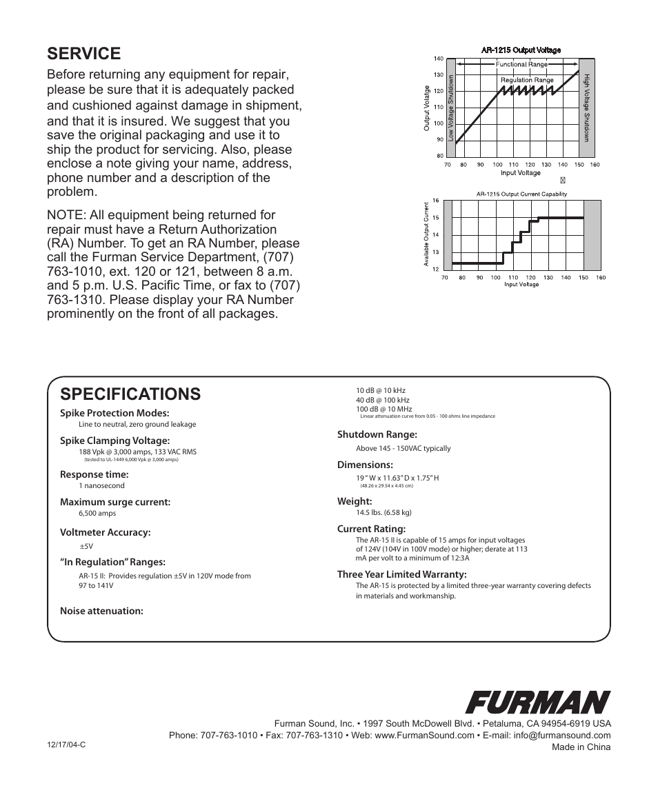 Specifications, Service | Furman Sound AC LINE VOLTAGE REGULATOR AR-15 User Manual | Page 8 / 8