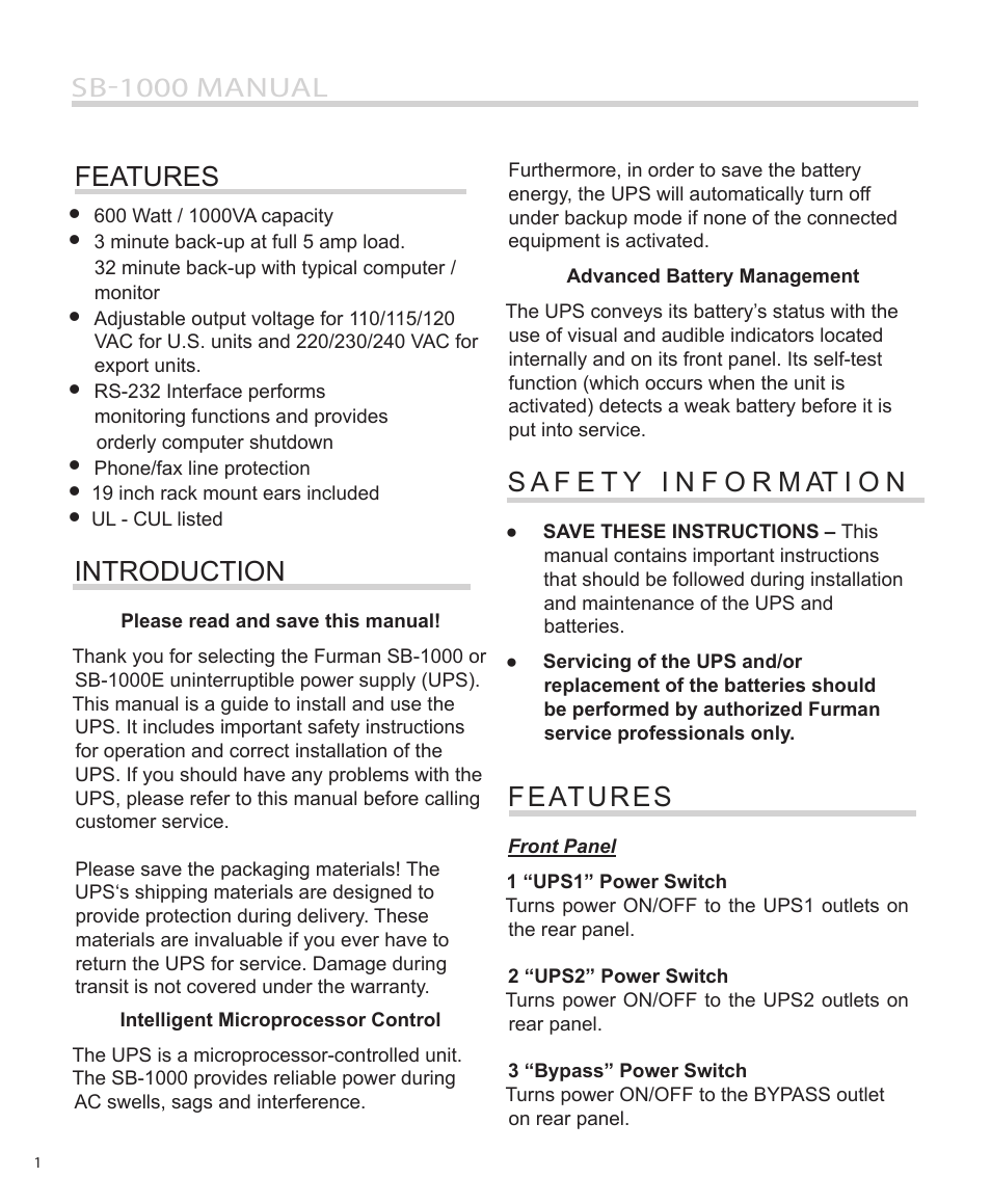 Sb-1000 manual features, Introduction, Features | Furman Sound SB-1000 User Manual | Page 2 / 12