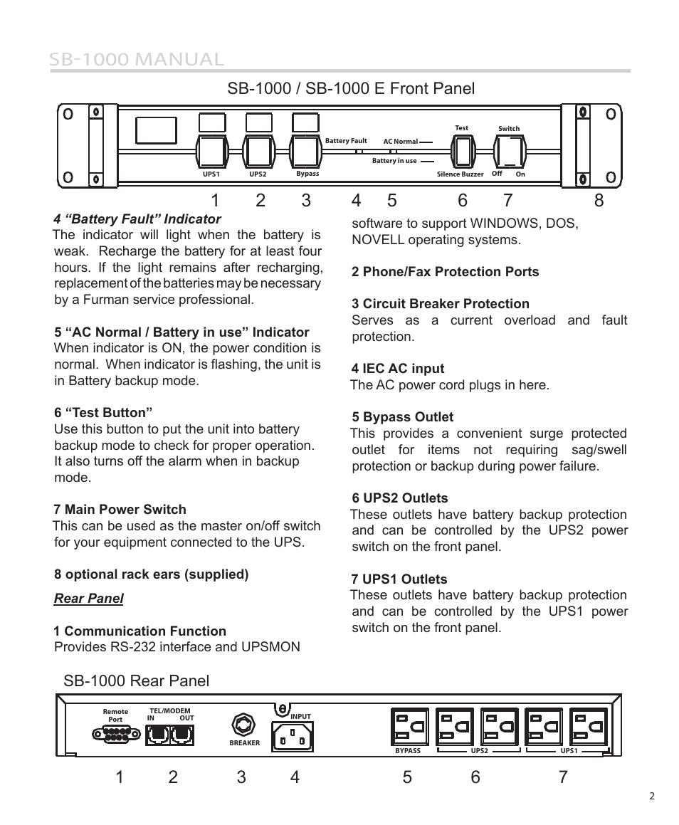 Sb-1000 manual, Sb-1000 rear panel | Furman Sound SB-1000 User Manual | Page 3 / 12