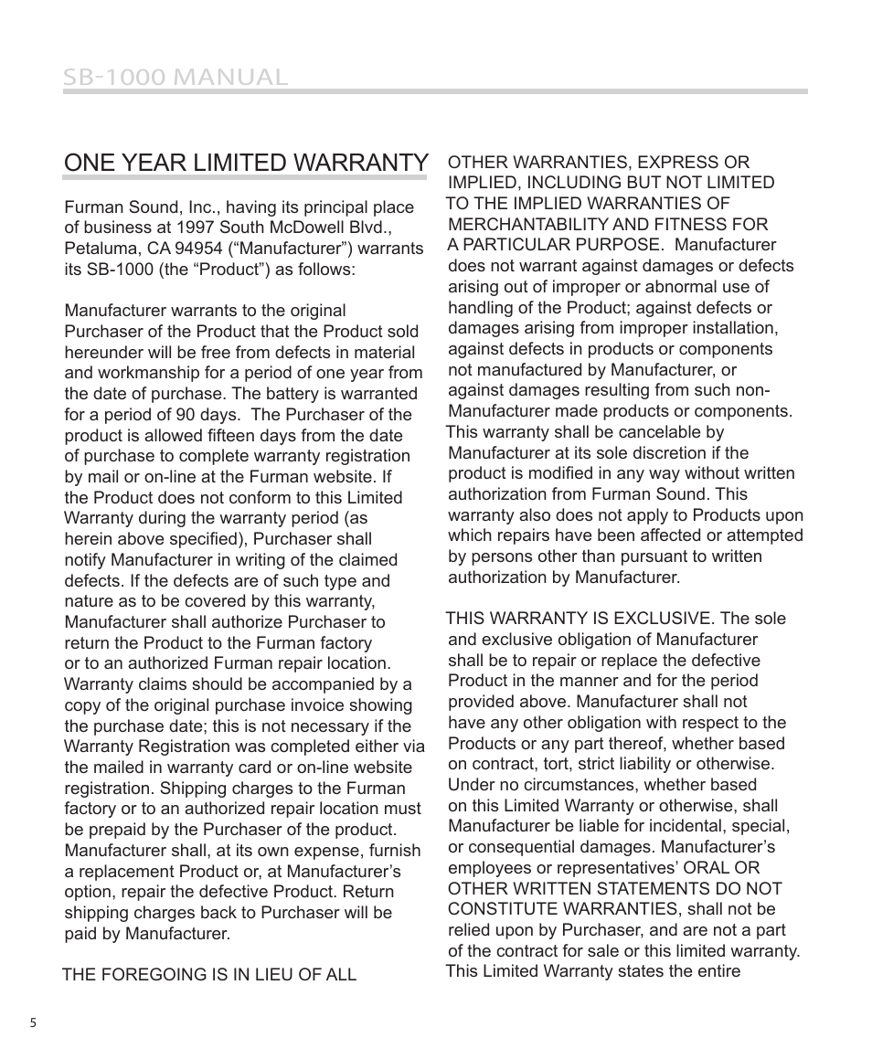 Sb-1000 manual one year limited warranty | Furman Sound SB-1000 User Manual | Page 6 / 12