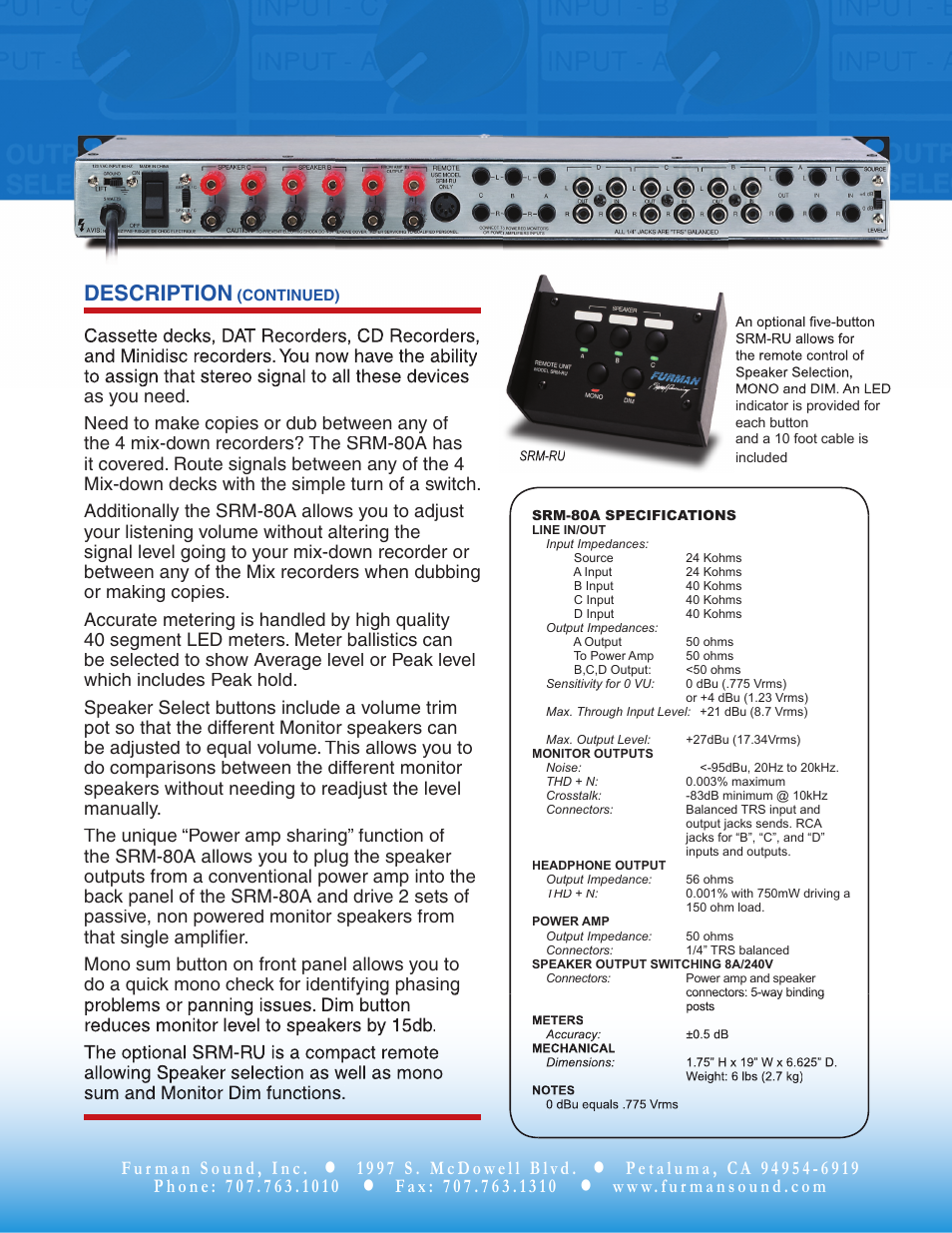 Description | Furman Sound SRM-80A User Manual | Page 2 / 2
