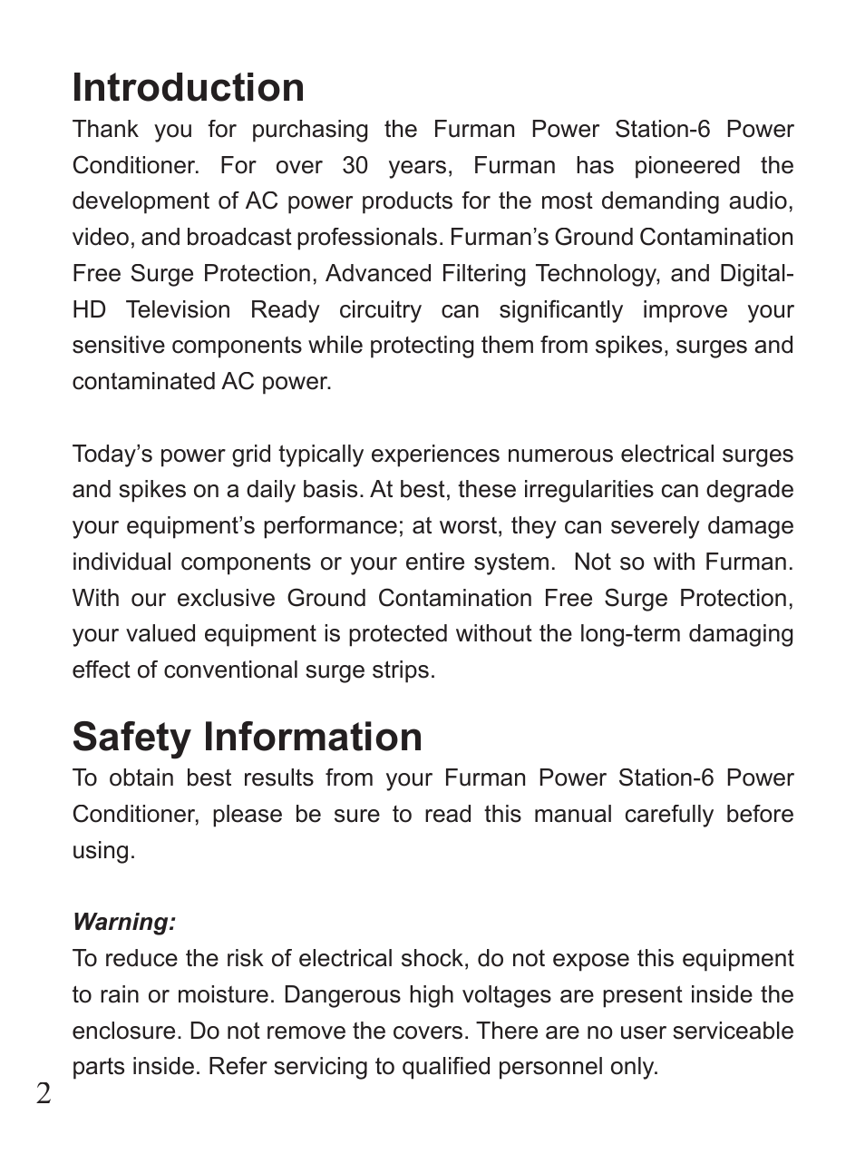 Introduction, Safety information | Furman Sound PST-6 User Manual | Page 2 / 12