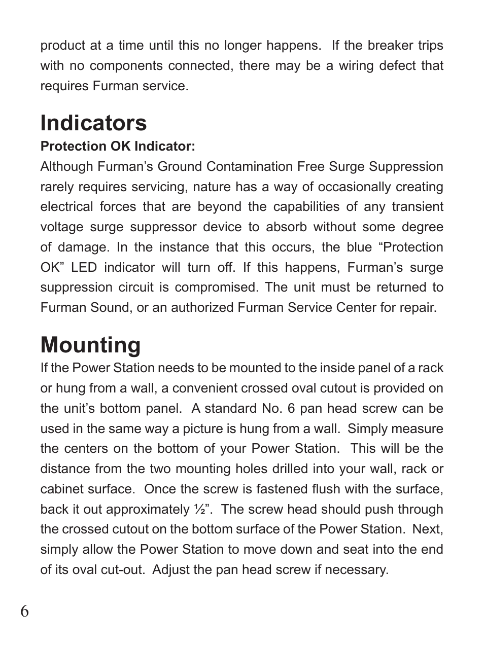 Indicators, Mounting | Furman Sound PST-6 User Manual | Page 6 / 12