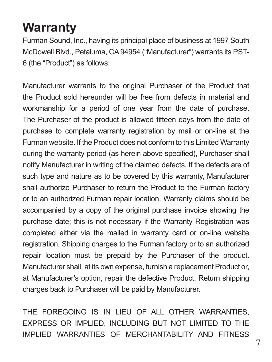 Warranty | Furman Sound PST-6 User Manual | Page 7 / 12