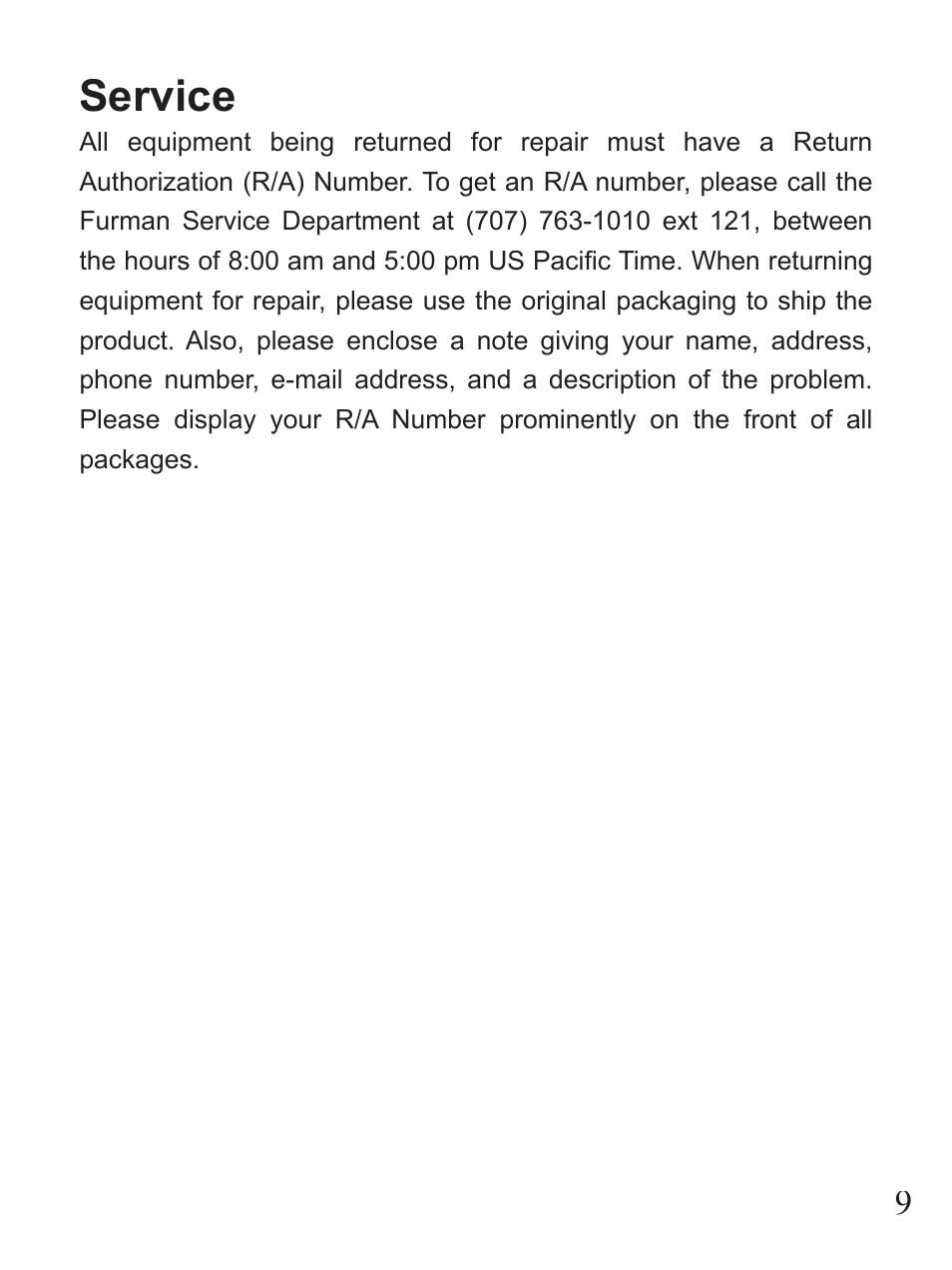 Service | Furman Sound PST-6 User Manual | Page 9 / 12