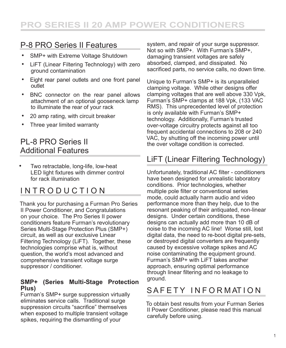Pl-8 pro series ii additional features, Lift (linear filtering technology) | Furman Sound PL-8 PRO II User Manual | Page 2 / 8
