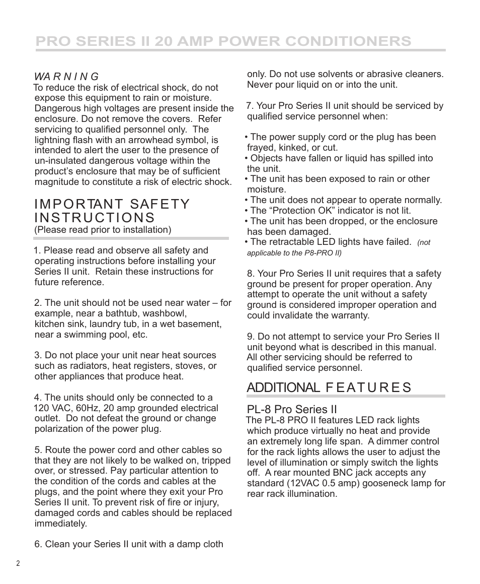 Pro series ii 20 amp power conditioners, Pl-8 pro series ii | Furman Sound PL-8 PRO II User Manual | Page 3 / 8