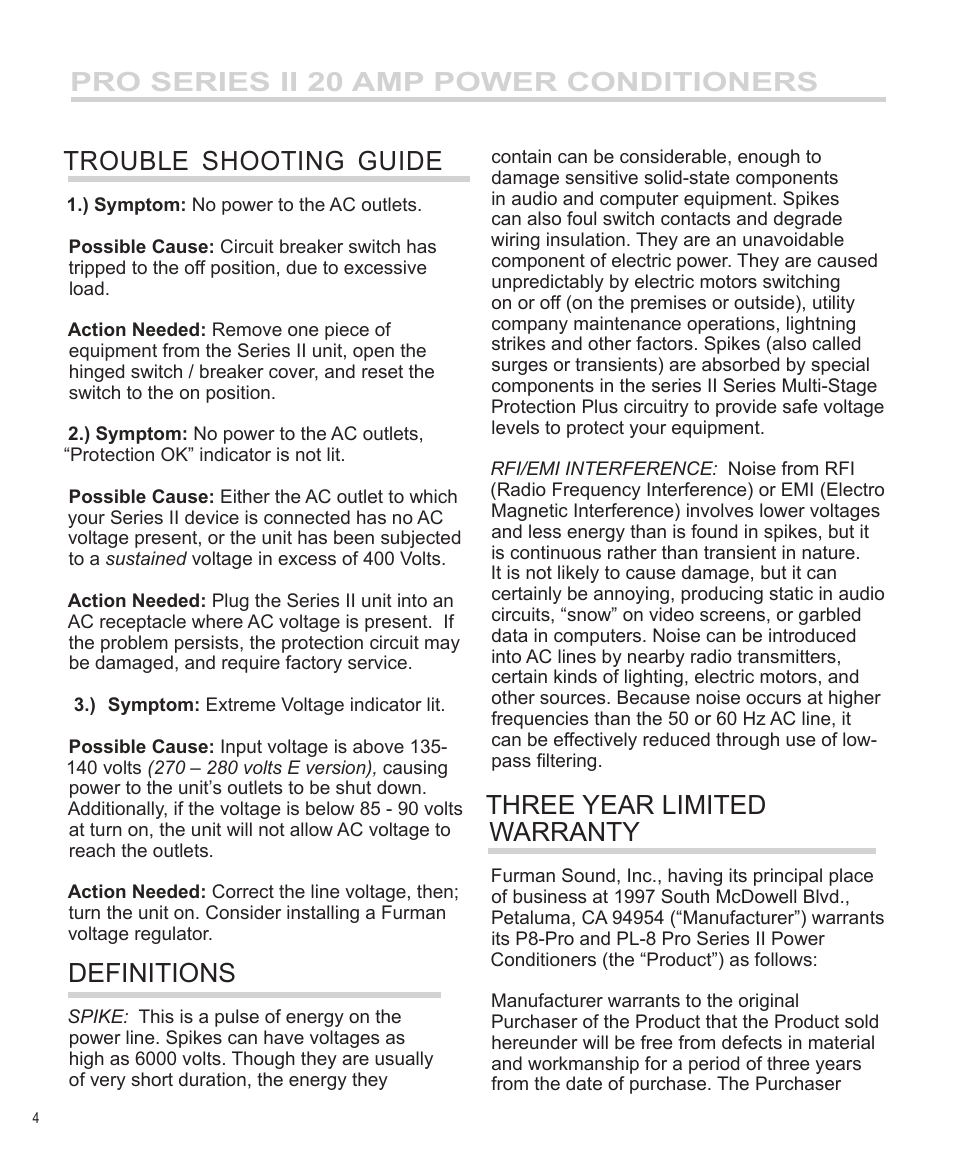 Pro series ii 20 amp power conditioners, Three year limited warranty, Definitions | Furman Sound PL-8 PRO II User Manual | Page 5 / 8