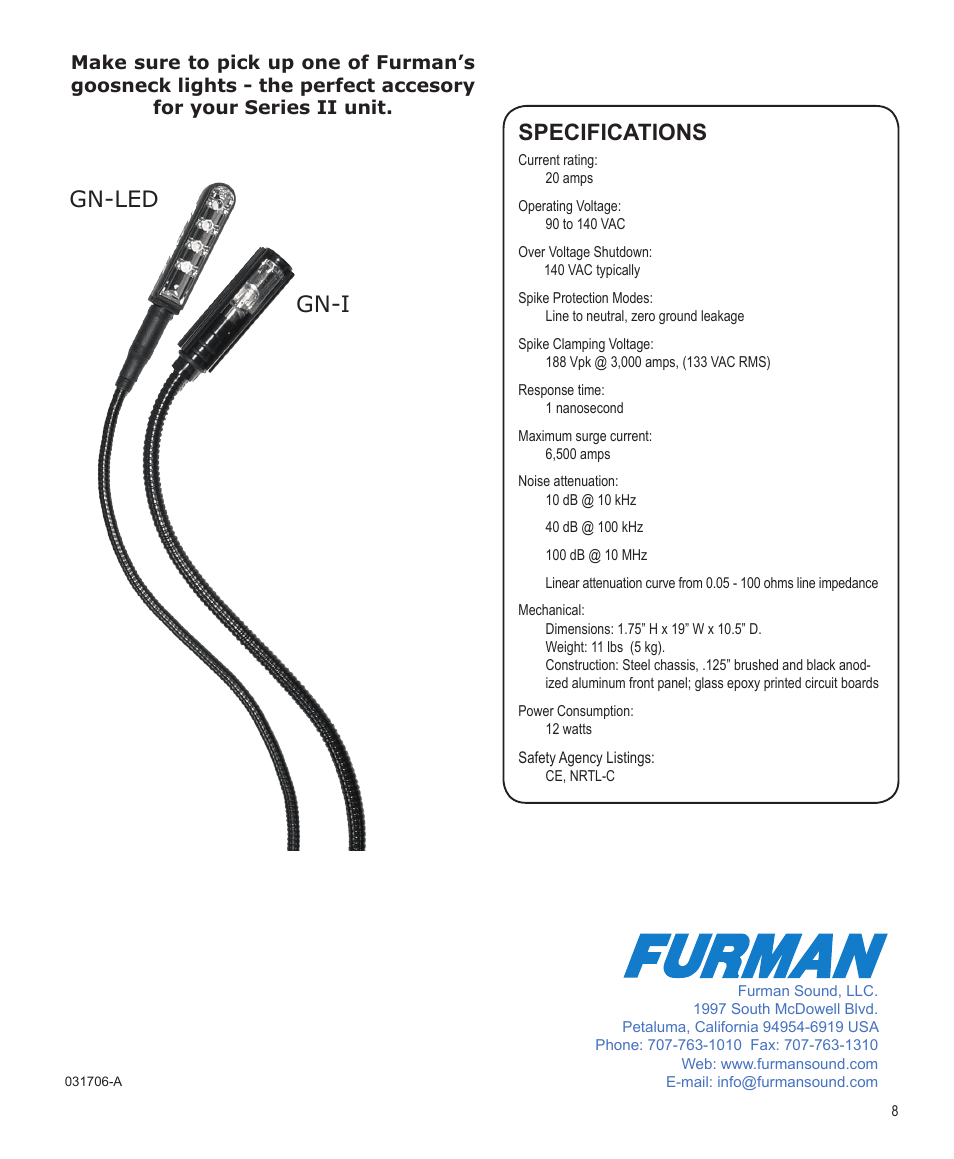 Pro series ii 20 amp power conditioners, Specifications, Gn-led gn-i | Furman Sound PL-8 PRO II User Manual | Page 8 / 8