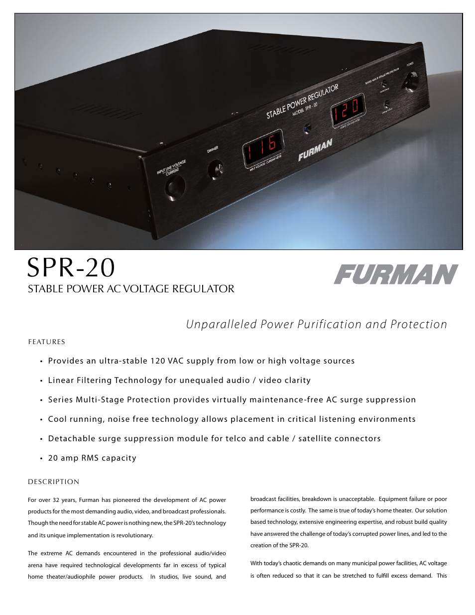 Furman Sound SPR-20 User Manual | 2 pages
