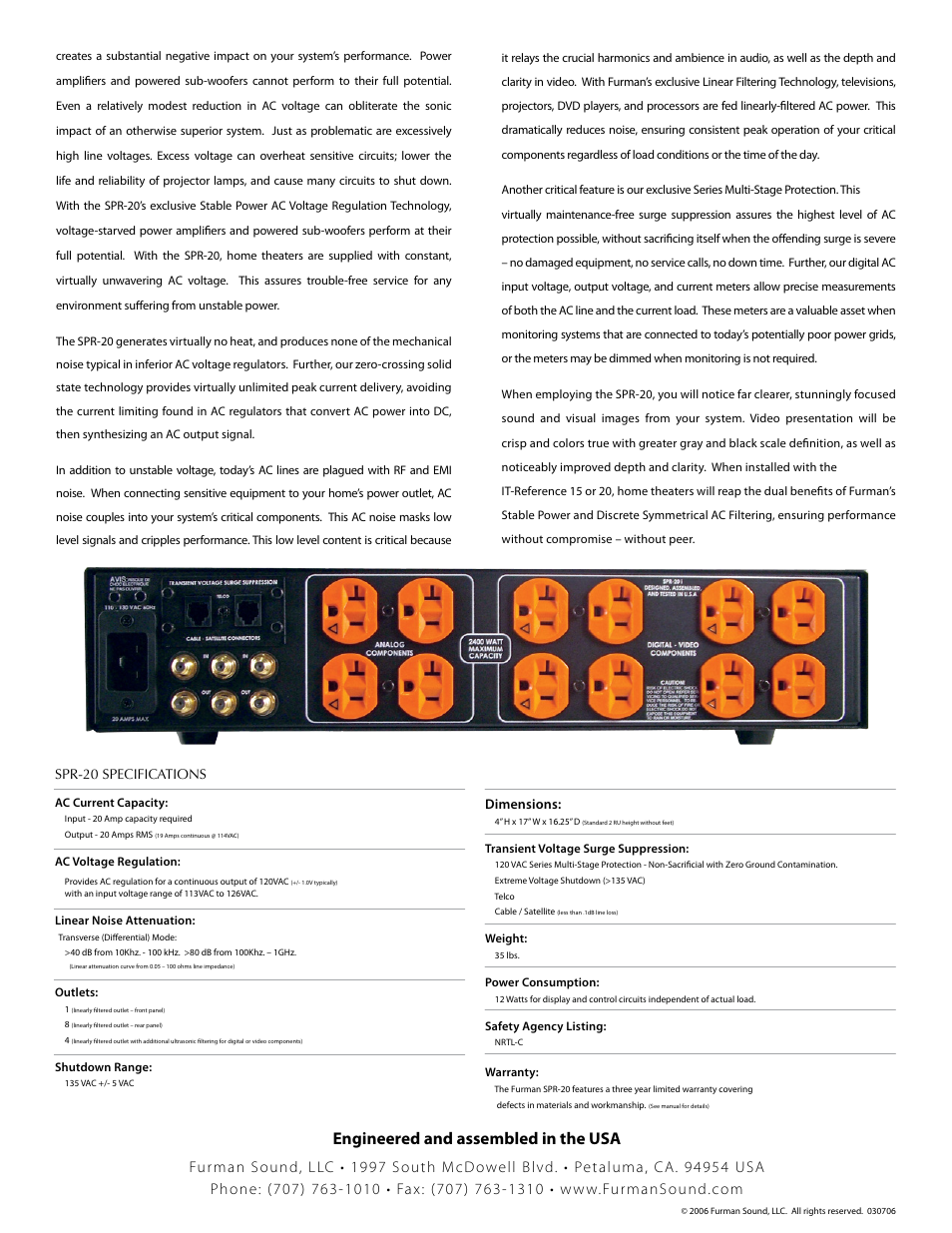 Engineered and assembled in the usa | Furman Sound SPR-20 User Manual | Page 2 / 2