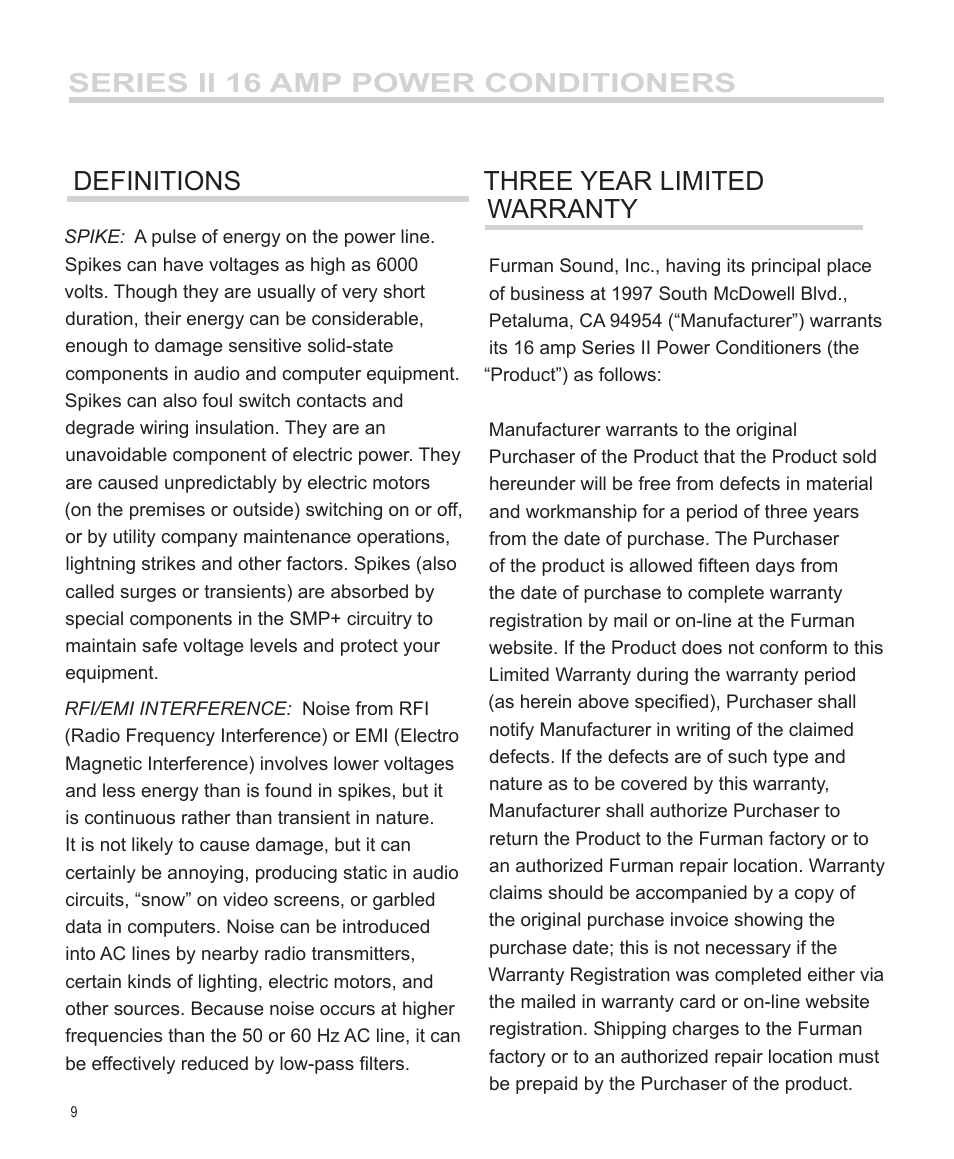 Series ii 16 amp power conditioners, Definitions, Three year limited warranty | Furman Sound PL-PRO E II User Manual | Page 10 / 12