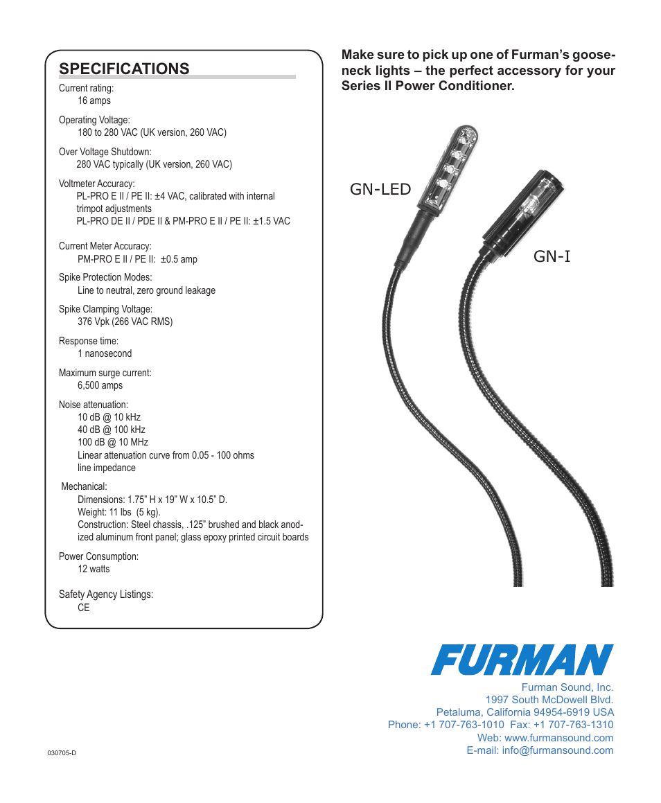 Gn-led gn-i specifications | Furman Sound PL-PRO E II User Manual | Page 12 / 12