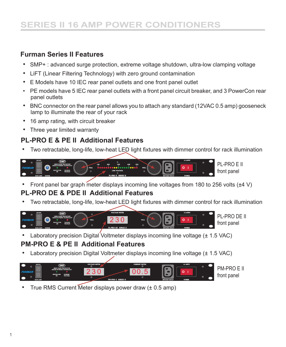 Series ii 16 amp power conditioners | Furman Sound PL-PRO E II User Manual | Page 2 / 12