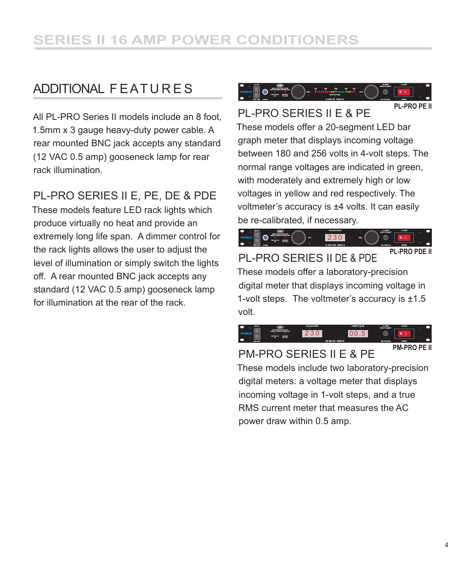 Pl-pro series ii e, pe, de & pde, Pl-pro series ii e & pe, Pl-pro series ii de & pde | Pm-pro series ii e & pe | Furman Sound PL-PRO E II User Manual | Page 5 / 12