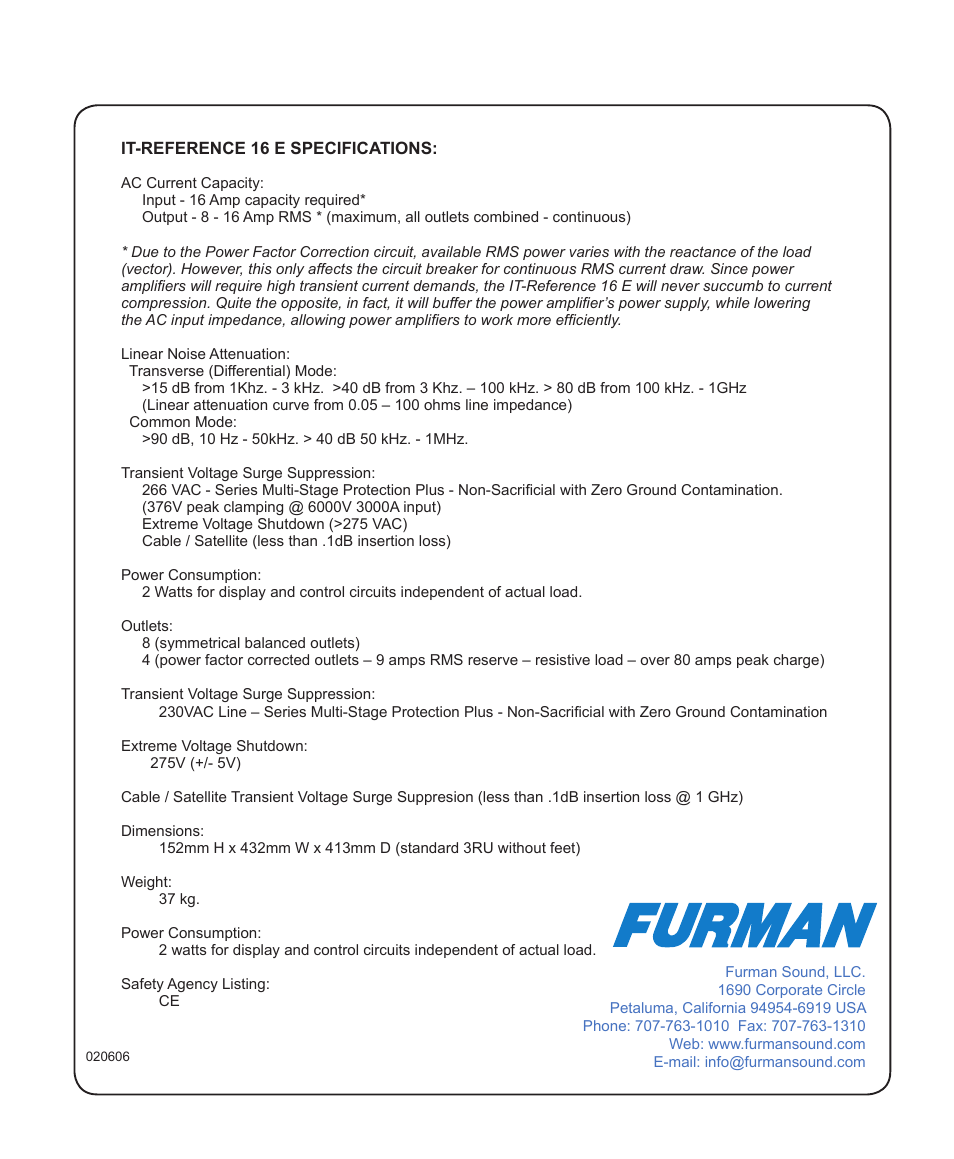 It-reference 16 e owner’s manual | Furman Sound 16 E User Manual | Page 12 / 12