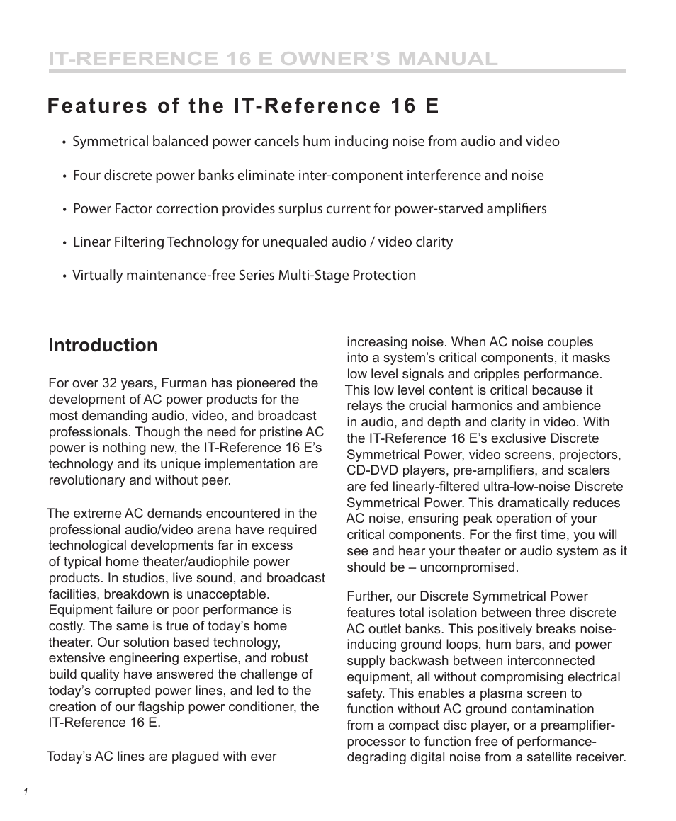 Features of the it-reference 16 e, It-reference 16 e owner’s manual, Introduction | Furman Sound 16 E User Manual | Page 2 / 12