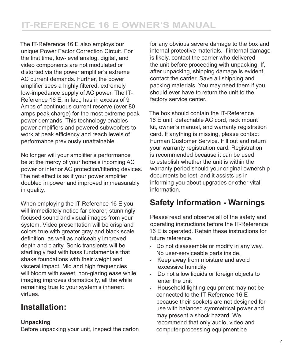 It-reference 16 e owner’s manual, Installation, Safety information - warnings | Furman Sound 16 E User Manual | Page 3 / 12