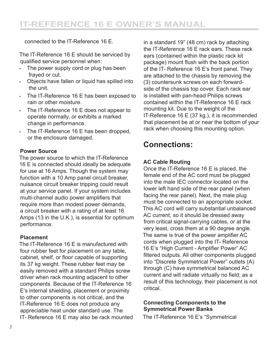 It-reference 16 e owner’s manual, Connections | Furman Sound 16 E User Manual | Page 4 / 12