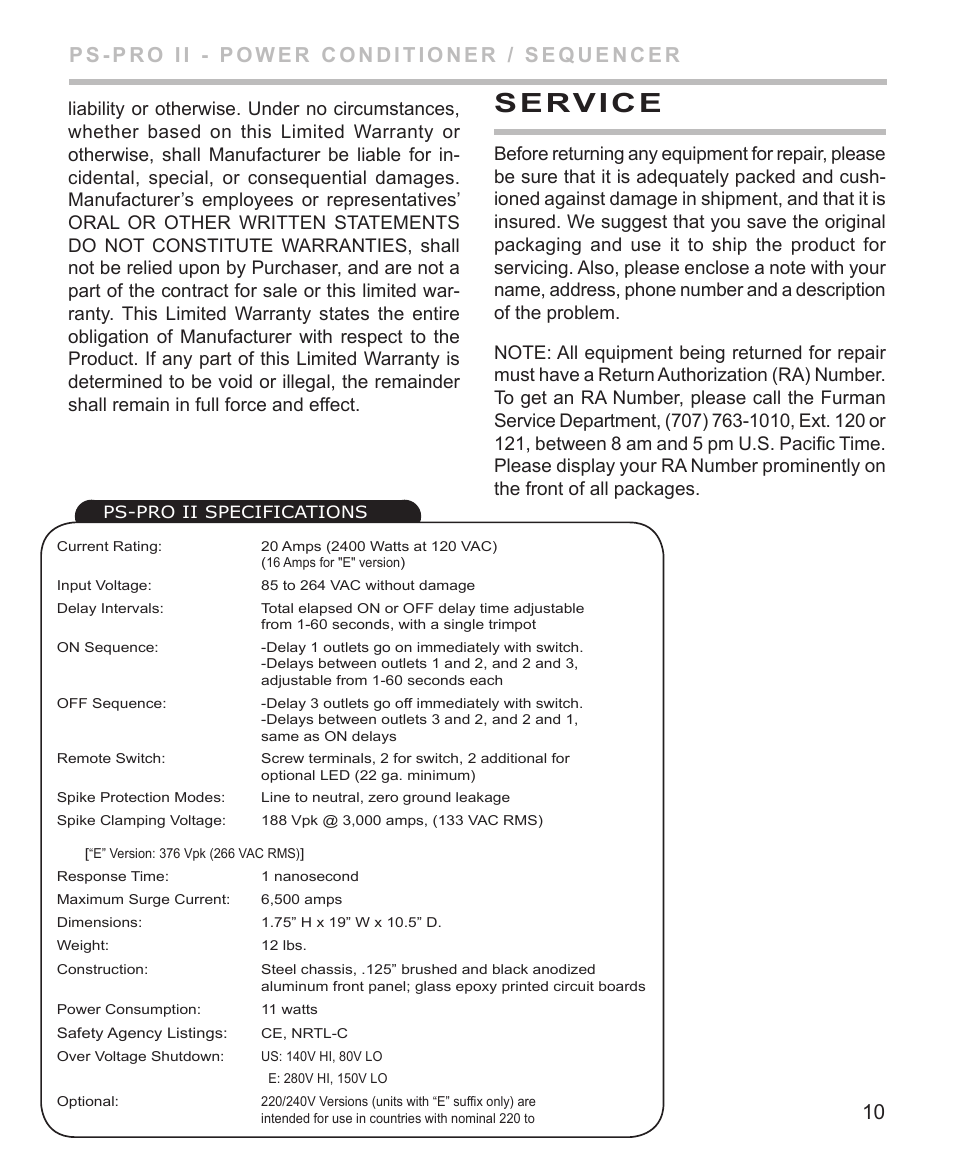 Service, Ps-pro ii specifications | Furman Sound PS-PRO II User Manual | Page 11 / 12