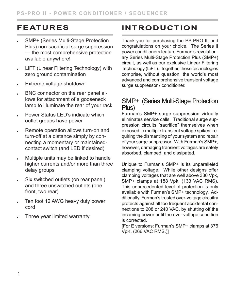 Featu res, Introd u ction, Smp+ (series multi-stage protection plus) | Three year limited warranty | Furman Sound PS-PRO II User Manual | Page 2 / 12