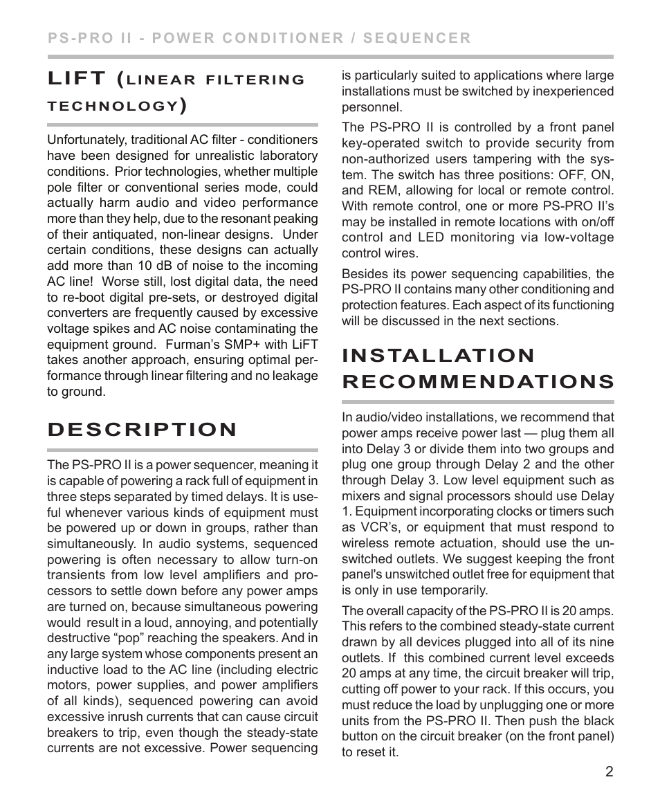 Lift, D escription, Installation recommendations | Furman Sound PS-PRO II User Manual | Page 3 / 12
